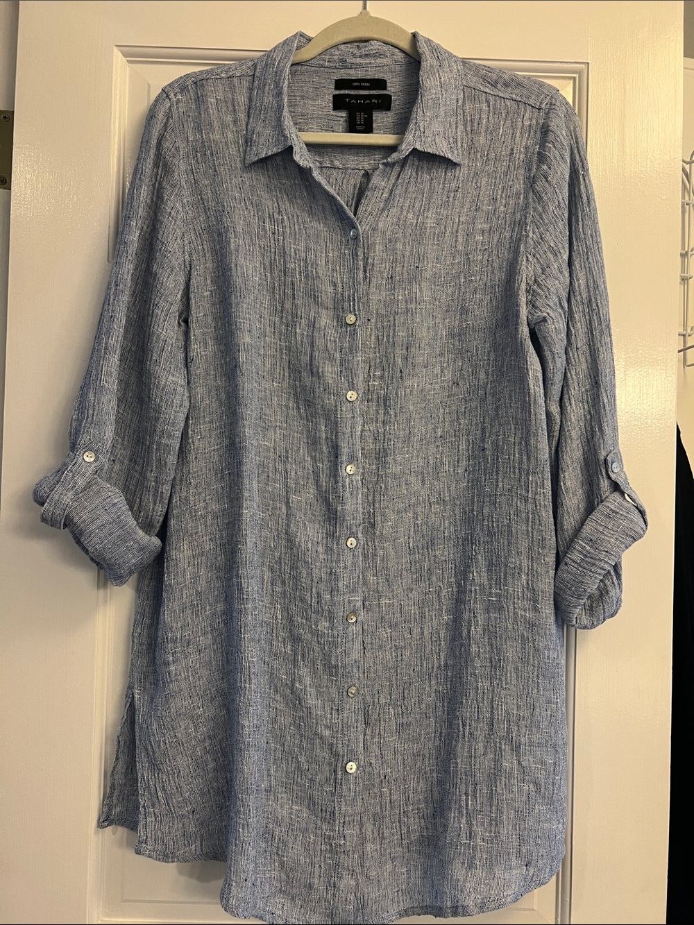 TAHARI Blue Linen-Blend Button Tunic or Beach Coverup